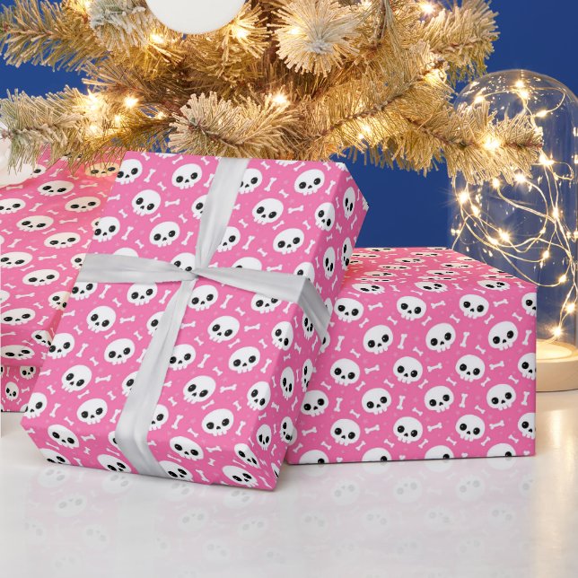 Cute Pink Skull & Bones Halloween Pattern Wrapping Paper (Holidays)