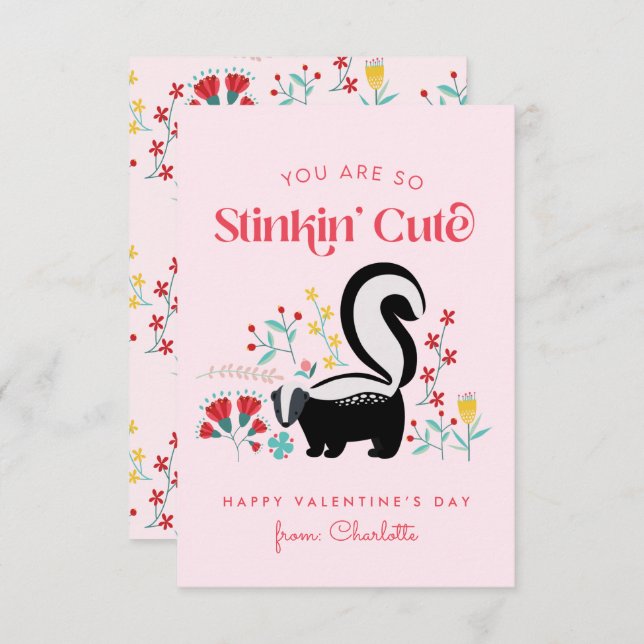 Cute Pink Skunk Classroom Valentine Card (Front/Back)