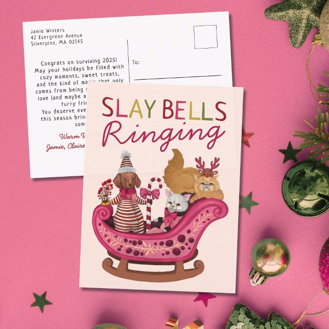 Cute Pink Slay Bells Ringing Dog Diva Christmas Holiday Postcard (Creator Uploaded)