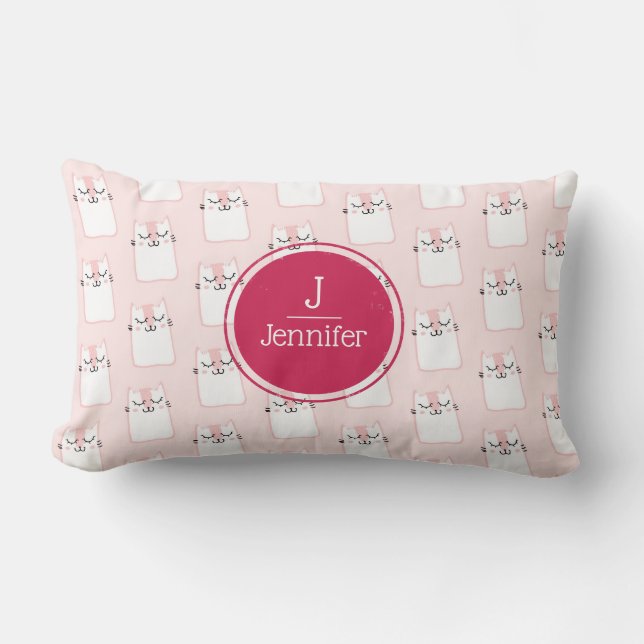 Cute Pink Sleeping Kitty Cat Pattern Monogram Lumbar Cushion (Front)