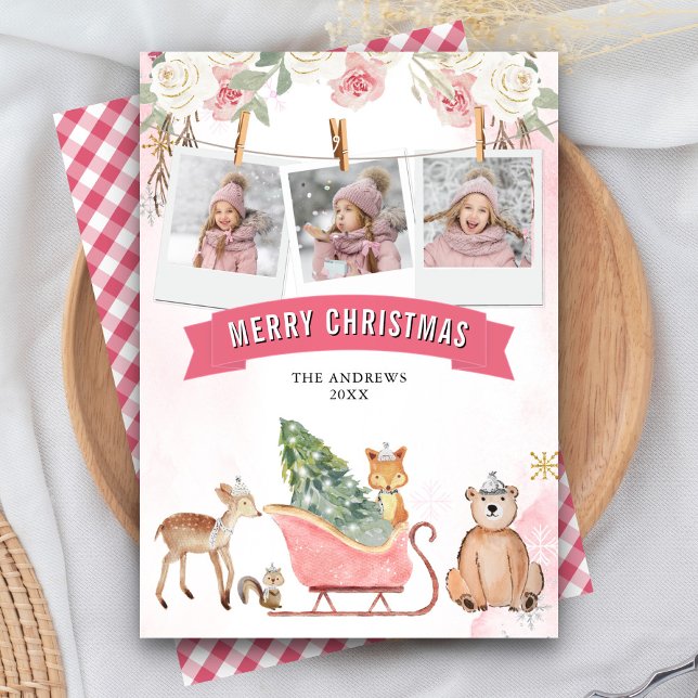 Cute Pink Sleigh Woodland Animals Photo Christmas Holiday Card (Creator Uploaded)
