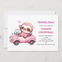 Cute Pink Sloth Driving a Car Birthday