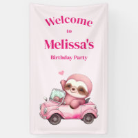 Cute Pink Sloth Driving a Car Birthday Welcome