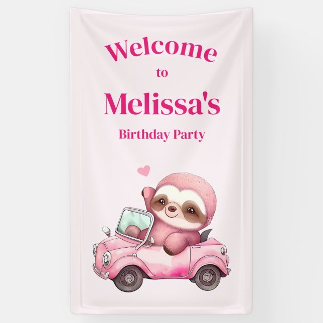 Cute Pink Sloth Driving a Car Birthday Welcome Banner (Vertical)
