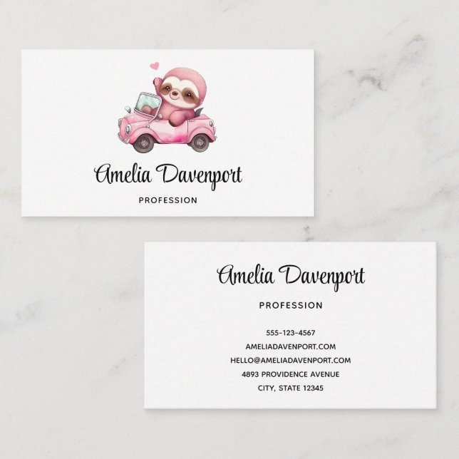 Cute Pink Sloth Driving a Car Business Card (Front/Back)