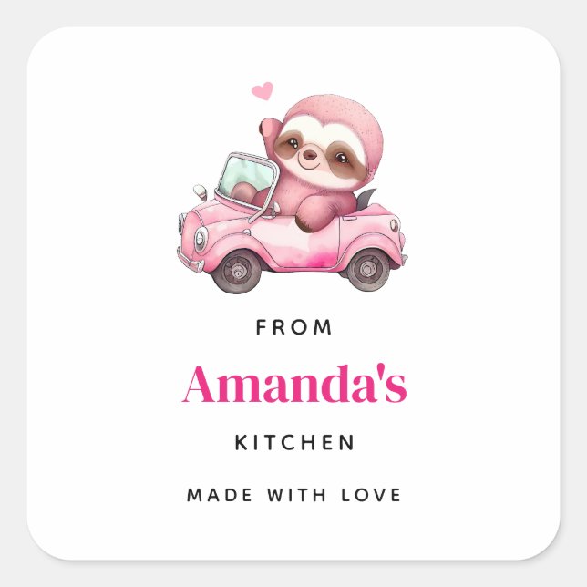 Cute Pink Sloth Driving a Car Kitchen Square Sticker (Front)