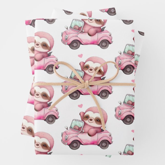 Cute Pink Sloth Driving a Car Pattern Wrapping Paper Sheet (In situ)