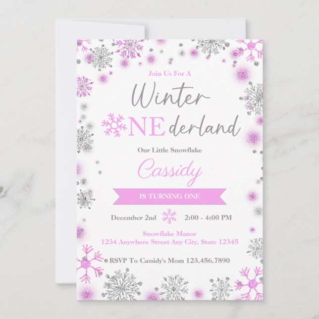 Cute Pink Snowflake Winter Birthday Party Invitation (Front)