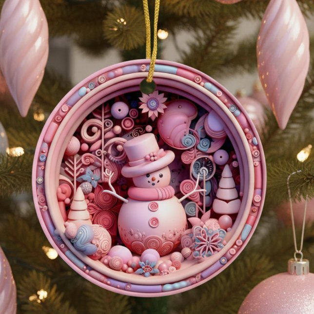 Cute Pink Snowman Christmas Ceramic Tree Decoration (fun cute pink 3D effect snowman personalized Christmas ornament with custom family name and year)