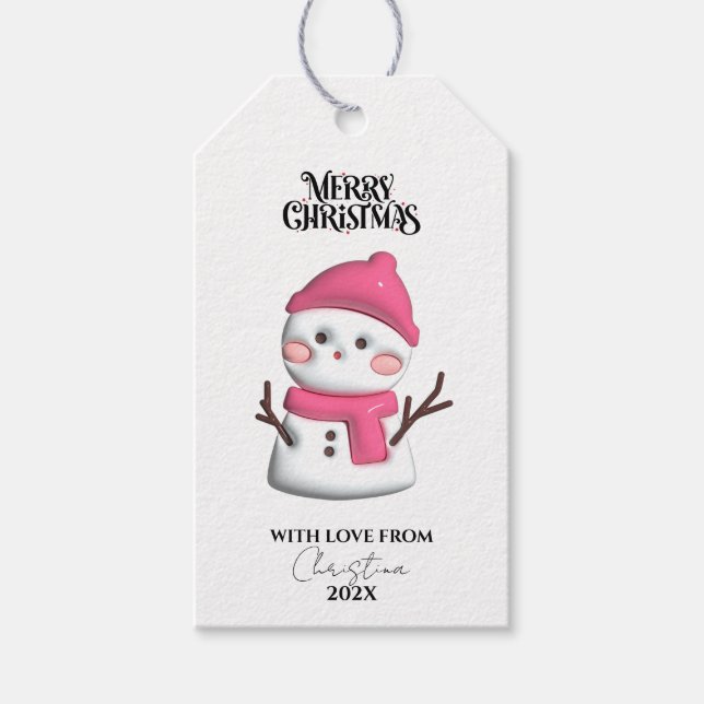 Cute Pink Snowman Christmas Gift Tags (Front)