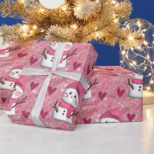 Cute Pink Snowman hearts Personalised Name  Wrapping Paper
