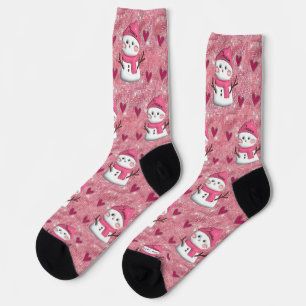 Cute Pink Snowman hearts Personalized Name  Socks