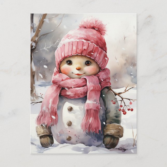 Cute pink Snowman Holiday Postcard (Front)
