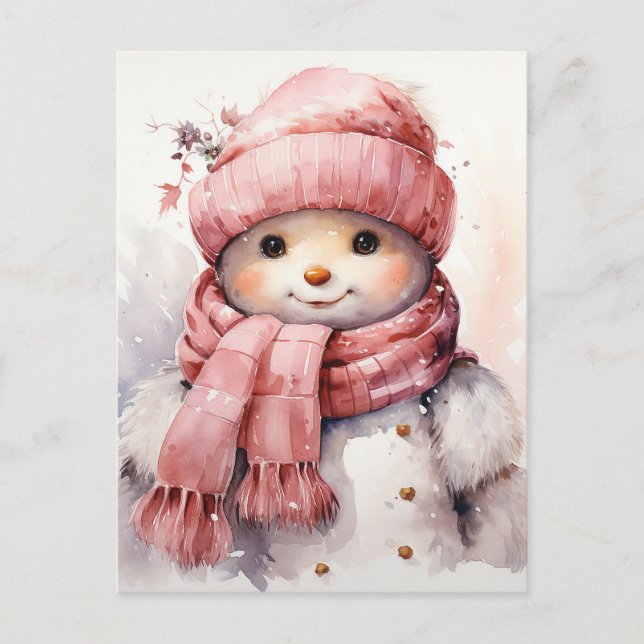 Cute pink Snowman Holiday Postcard (Front)