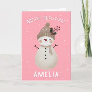 Cute Pink Snowman Kid`s Name Merry Christmas Card