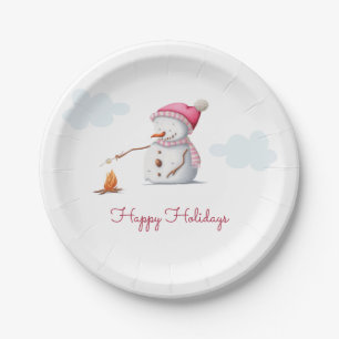 Cute Pink Snowman Marshmallow Happy Holidays Paper Plate