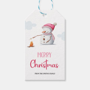Cute Pink Snowman Merry Christmas Gift Tags
