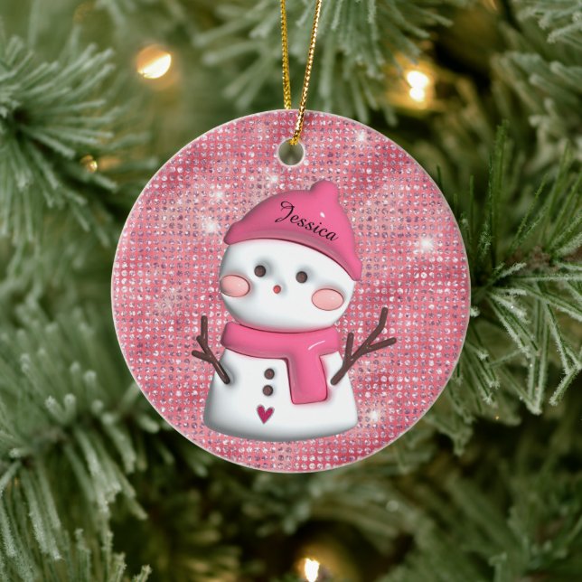 Cute Pink Snowman Personalised Name Ceramic Tree Decoration (Tree)