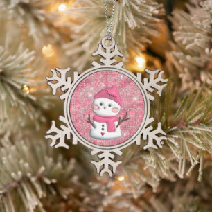 Cute Pink Snowman Personalized Name Snowflake Pewter Christmas Ornament