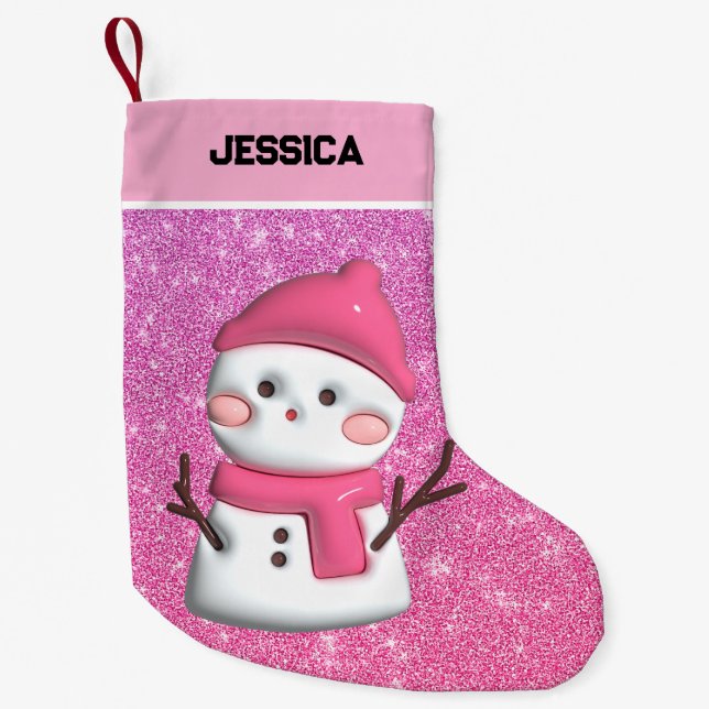 Cute Pink Snowman Small Christmas Stocking (Front)