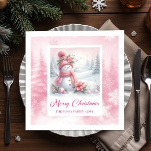 Cute Pink Snowman Winter Scene Christmas Napkins 