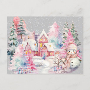 Cute Pink Snowman Winter Wonderland Postcard