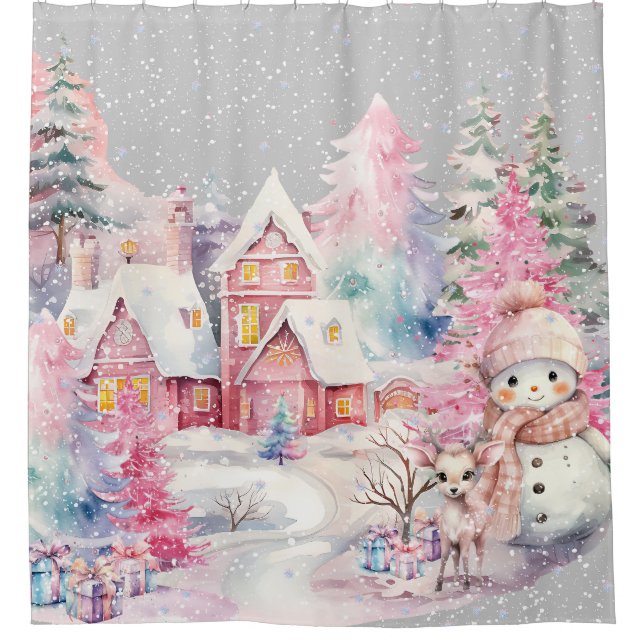 Cute Pink Snowman Winter Wonderland Shower Curtain (Front)
