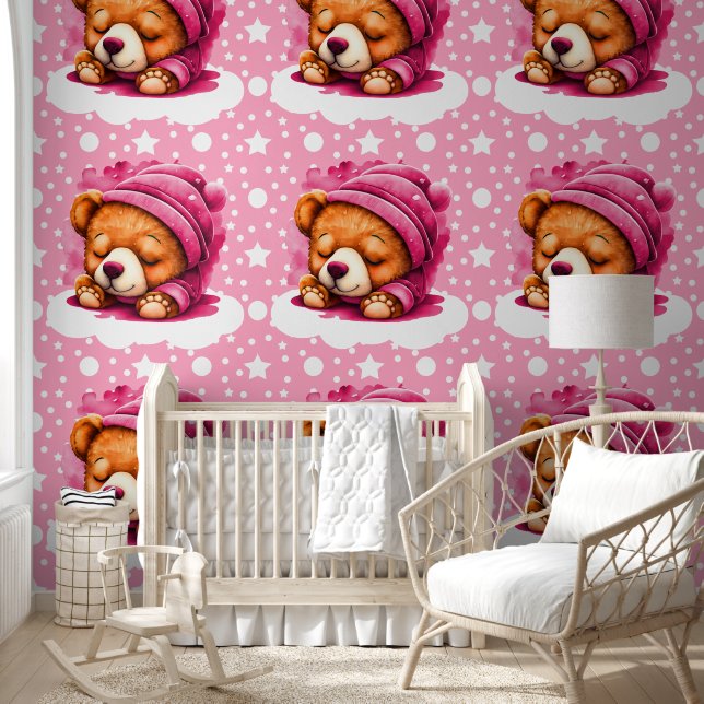 Cute Pink Snuggle Bear Pattern Wallpaper (Kids)