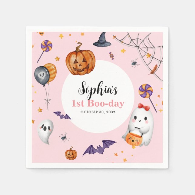 Cute Pink Spooky Halloween Kids Birthday Napkin (Front)