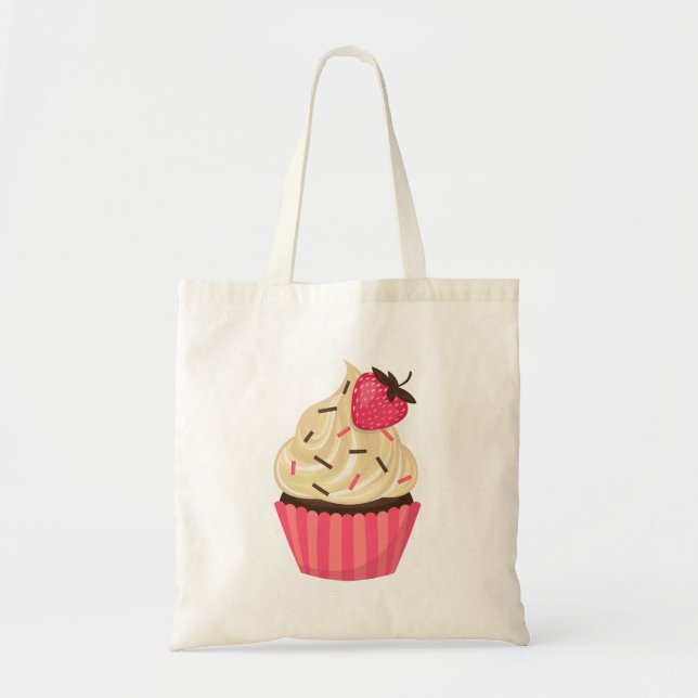Cute Pink Sprinkles Strawberry Cupcake Tote Bag (Front)
