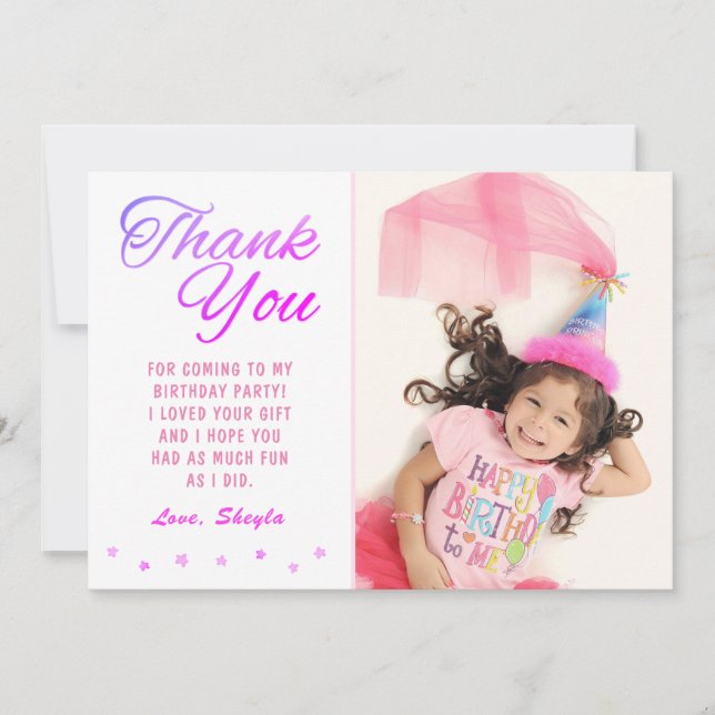 Cute Pink Star Birthday Girl Photo Thank you Card (Front)