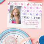 Cute Pink Star Girly Photo Birthday Thank You Postcard<br><div class="desc">Cute Pink Star Girly Photo Birthday Thank You Postcard. Cute and girly thank you postcard with a photo, a message for your family and friends and a child`s name. The postcard has colourful stars in pink and purple colours. Personalise this photo card with your kid`s name and your child`s photo...</div>