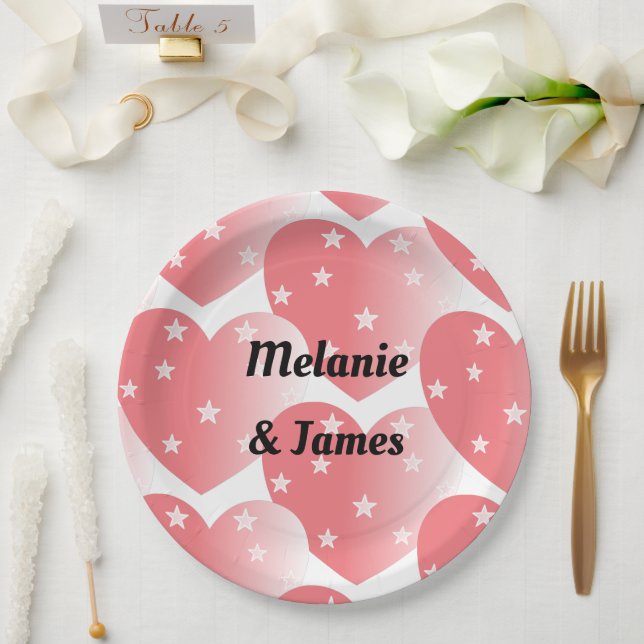 Cute Pink Star Hearts Pattern Paper Plate (Wedding)