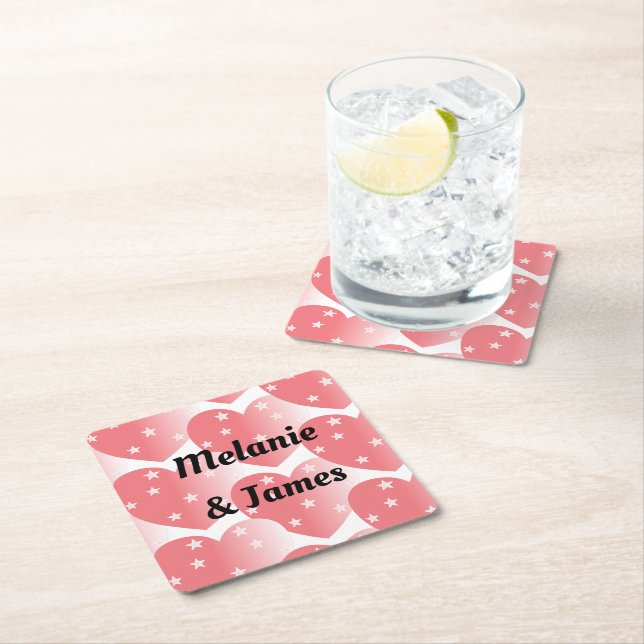 Cute Pink Star Hearts Pattern Square Paper Coaster (Insitu)