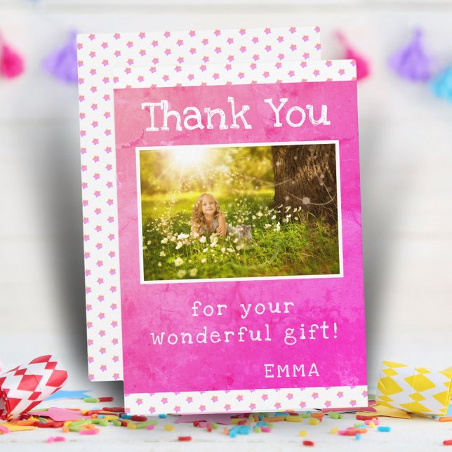 Cute Pink Star Pattern Girly Photo Birthday Thank You Card (Creator Uploaded)