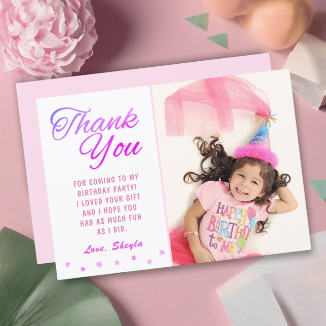 Cute Pink Stars Birthday Photo Thank you Card (Creator Uploaded)
