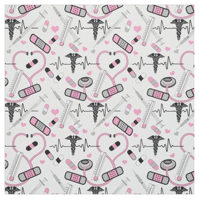 Cute Pink Stethoscope Nurse | Doctor EKG Pattern Fabric (Swatch)