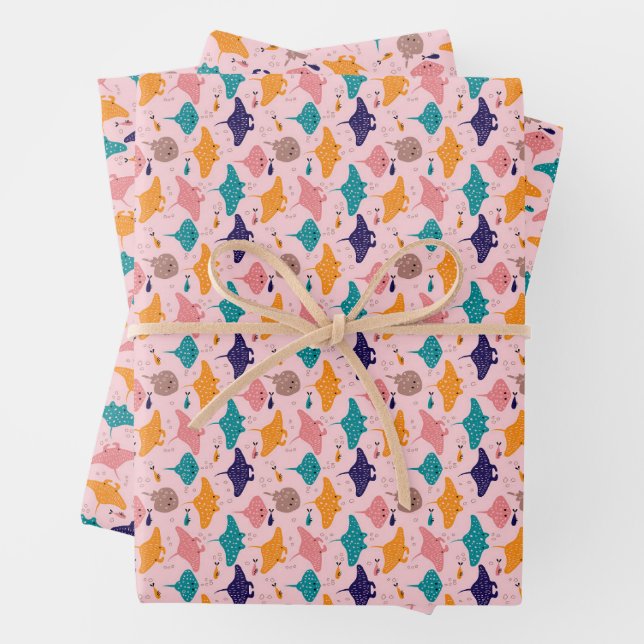 Cute pink sting ray and manta ray fish pattern wrapping paper sheet (In situ)
