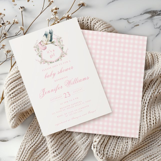 Cute Pink Stork Crest Baby Girl Shower Invitation (Creator Uploaded)