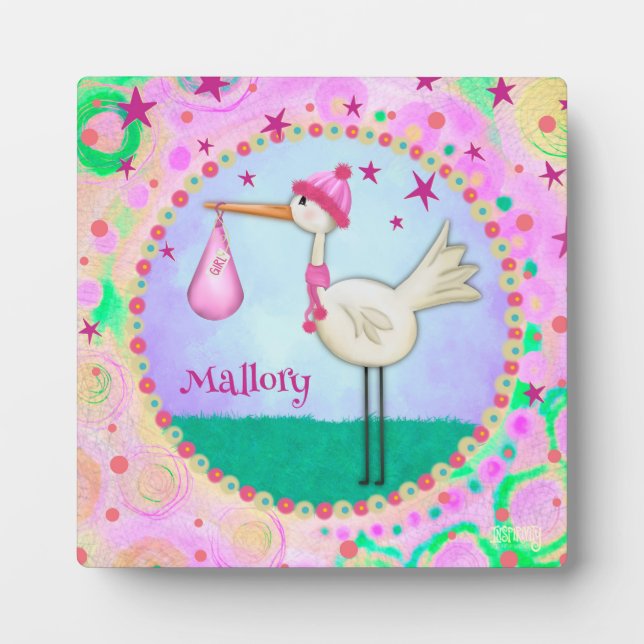 Cute Pink Stork Inspirivity Personalised Plaque (Front)