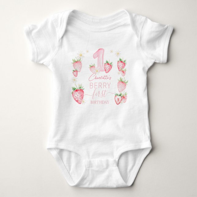 Cute Pink Strawberries Berry First 1st Birthday Baby Bodysuit (Front)