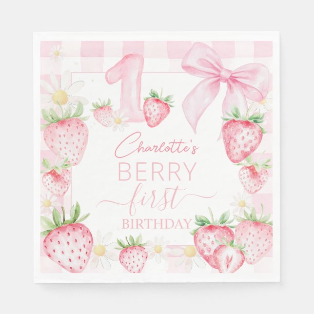Cute Pink Strawberries Berry First 1st Birthday Napkin (Front)