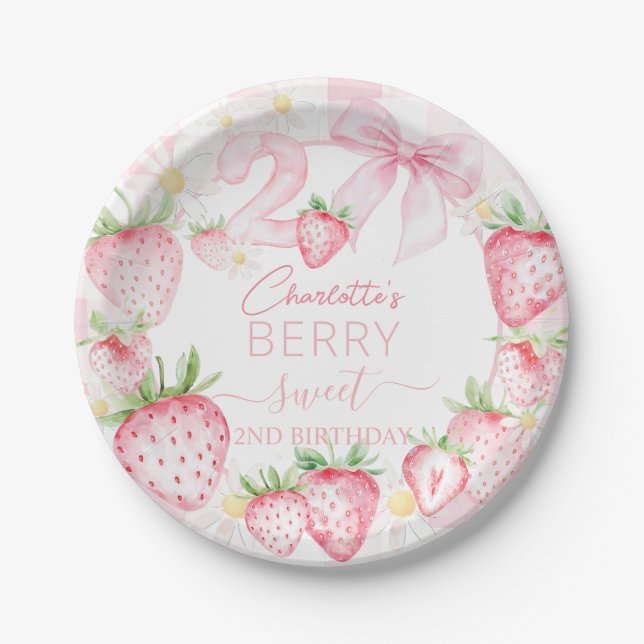 Cute Pink Strawberries Berry Sweet 2nd Birthday Paper Plate (Front)