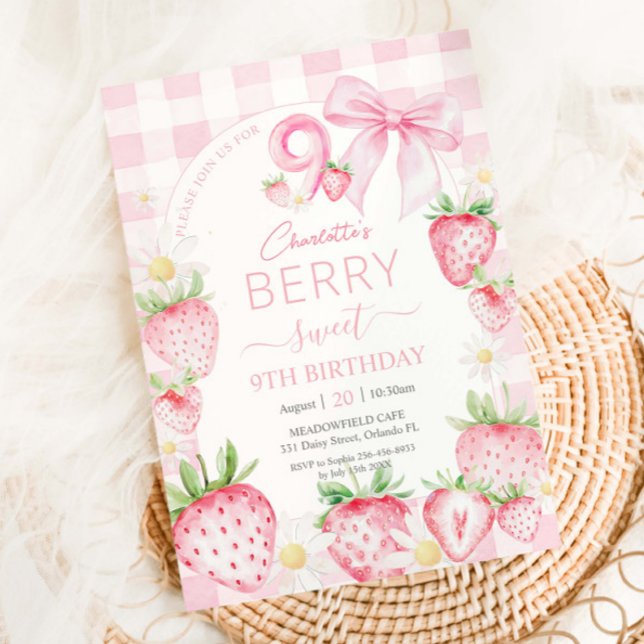 Cute Pink Strawberries Berry Sweet 9th Birthday Invitation (Creator Uploaded)