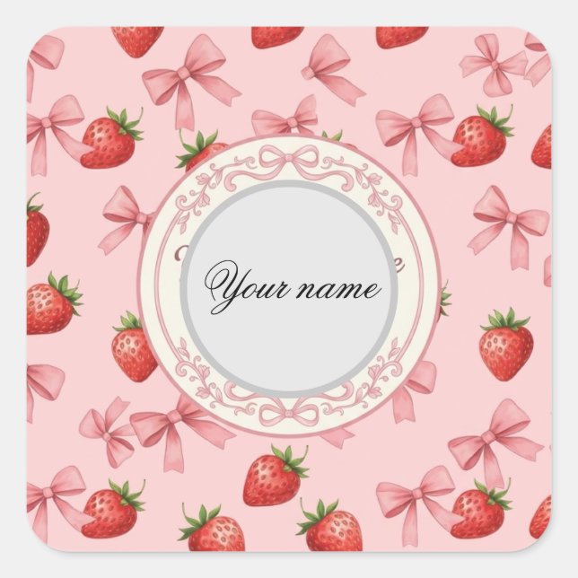 Cute Pink Strawberry and Bows Pattern Custom Name  Square Sticker (Front)