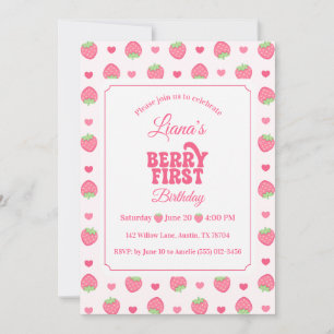Cute Pink Strawberry Berry First Girl 1st Birthday Invitation