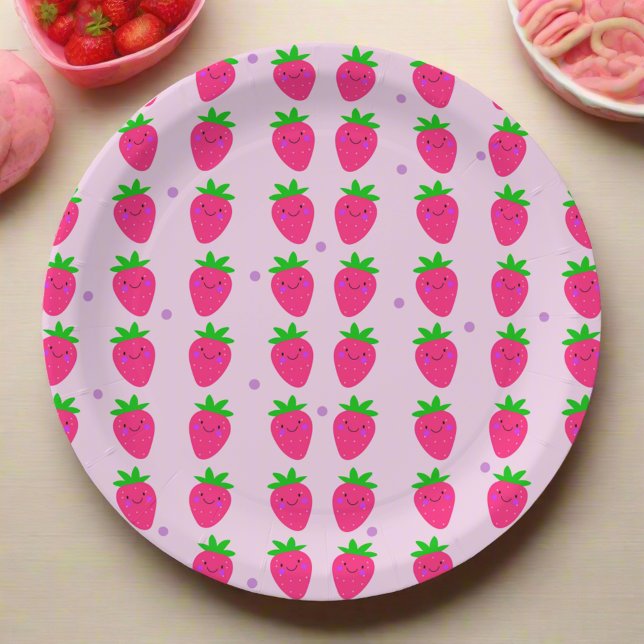 Cute Pink Strawberry Birthday Party  Paper Plate (Creator Uploaded)