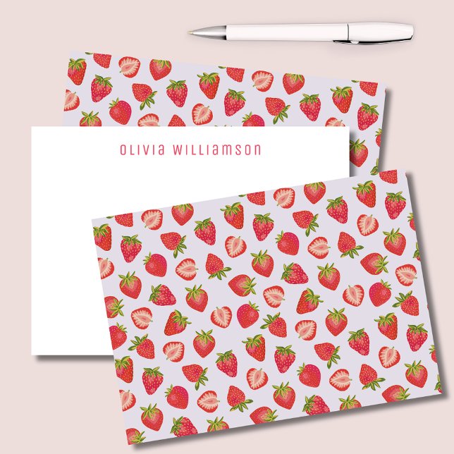 Cute pink strawberry card (Strawberry notecards with personalized name or choice of text to one side. )