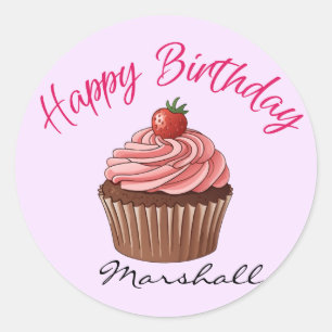 Cute Pink Strawberry Cupcake Happy Birthday Round Classic Round Sticker