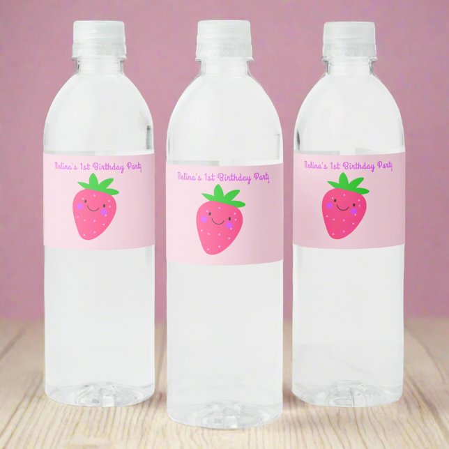 Cute Pink Strawberry Fruit Girl 1st Birthday Party Water Bottle Label (Creator Uploaded)